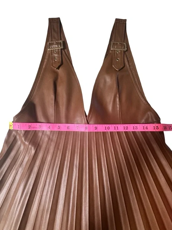 NWT ZARA Brown Vegan Leather Pleated Dress - Picture 7 of 9